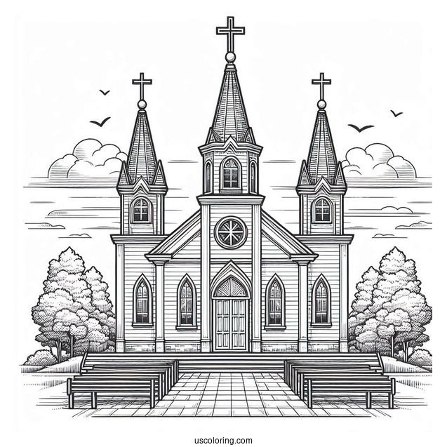 Realistic Church Coloring Page With Three Crosses At The Top
