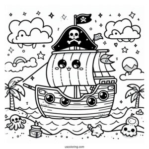 Kawaii Cartoon Pirate Ship Coloring Page For Preschoolers