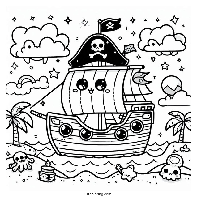 Kawaii Cartoon Pirate Ship Coloring Page For Preschoolers