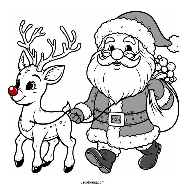 Rudolph Leading Santa With His Red Nose To Color