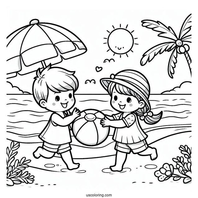 Two Kids Playing With A Beach Ball Coloring Sheet