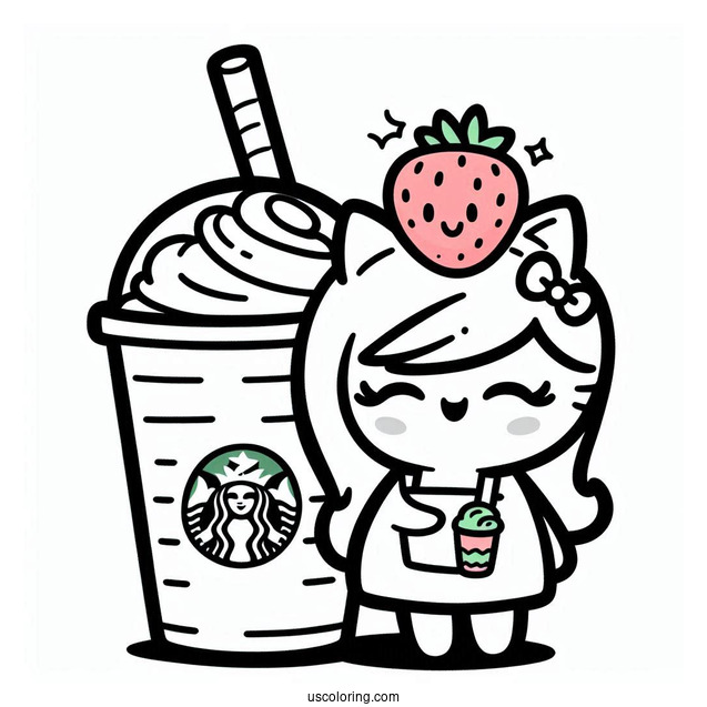 Smiling Cartoon Starbucks Coloring Page Frappe With Strawberry On Top For Kids