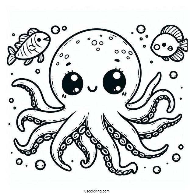 Chibi Octopus Coloring Page Swimming With Fish