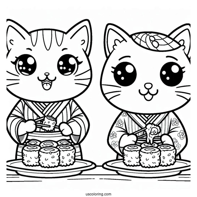 Happy Cat In A Yukata Eating Sushi Coloring Page For Kids