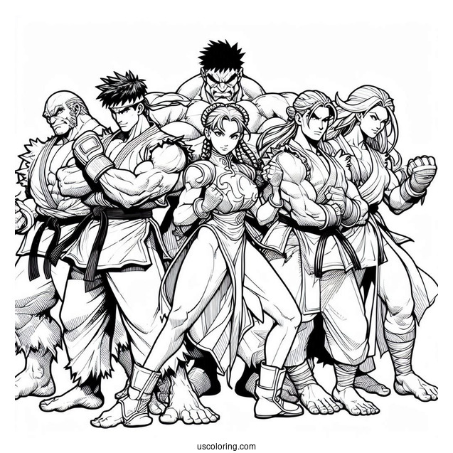 Street Fighter Coloring Page Of Ryu, Lucia, Chun Li, Urien, Rose, And M Bison