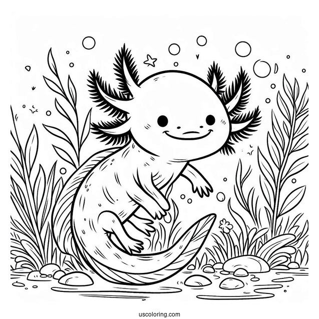 Cheerful Axolotl Coloring Page Swimming Through Weeds