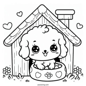 Kawaii Puppy In Dog House Coloring In For Preschoolers