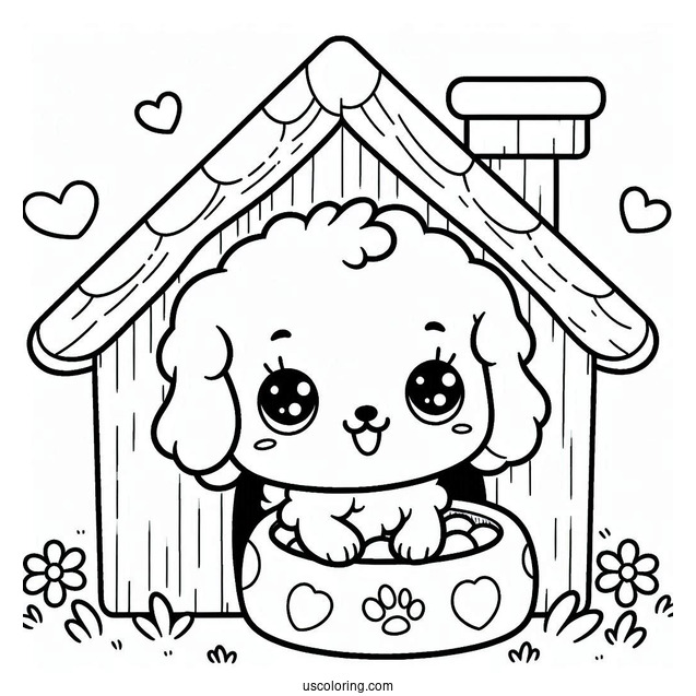 Kawaii Puppy In Dog House Coloring In For Preschoolers