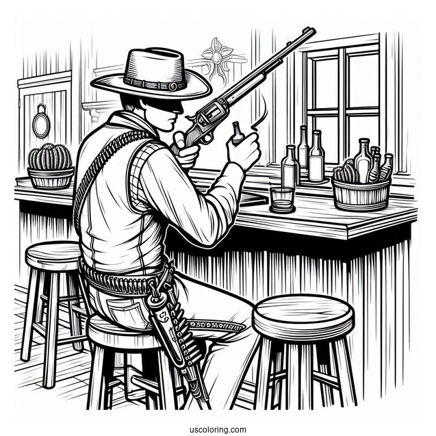 Realistic Cowboy Coloring Page With Gun In Saloon