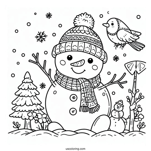 Snowman With Dig And Bird To Color
