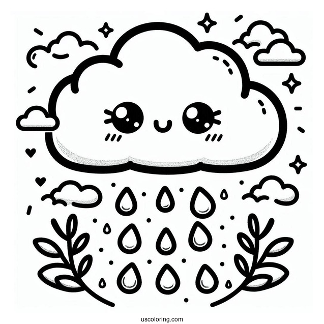Rain Coloring Page Of Kawaii Raindrops Falling From Cloud For Preschoolers