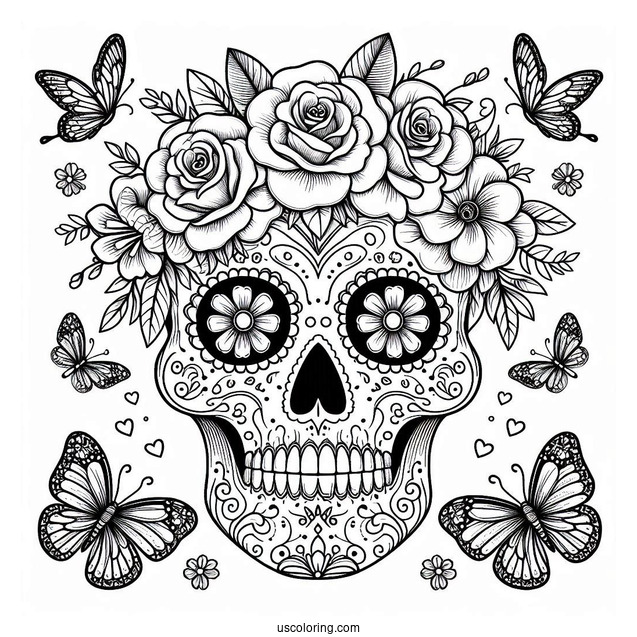 Detailed Sugar Skulls Coloring Page With Flowers And Butterflies