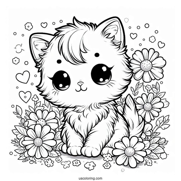 Chibi Kitten Among Flowers