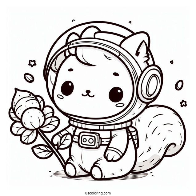 Cute Astronaut Squirrel Coloring Page With Flower And Chestnut