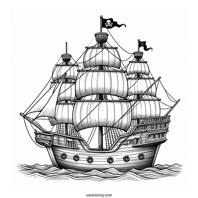 Front View Of A Realistic Pirate Ship Coloring Page