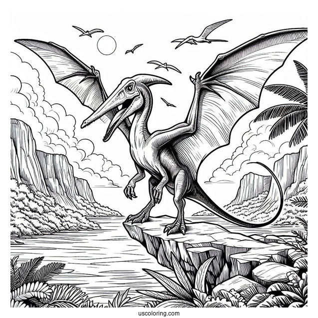 Pterodactyl Coloring Page Standing On Cliff