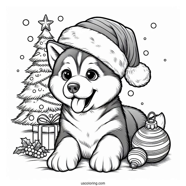 Husky Wearing Santa Hat In Front Of Christmas Tree Coloring Page