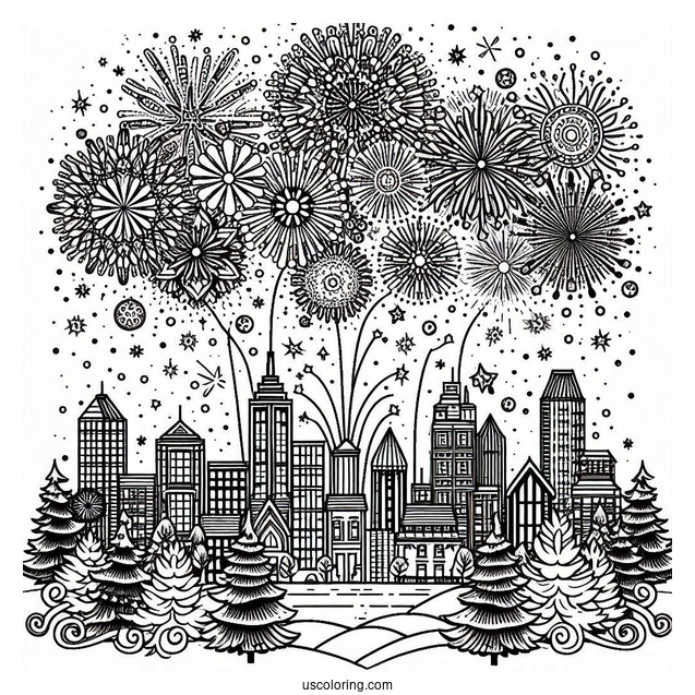 New Year Coloring Page Of Fireworks Over The City