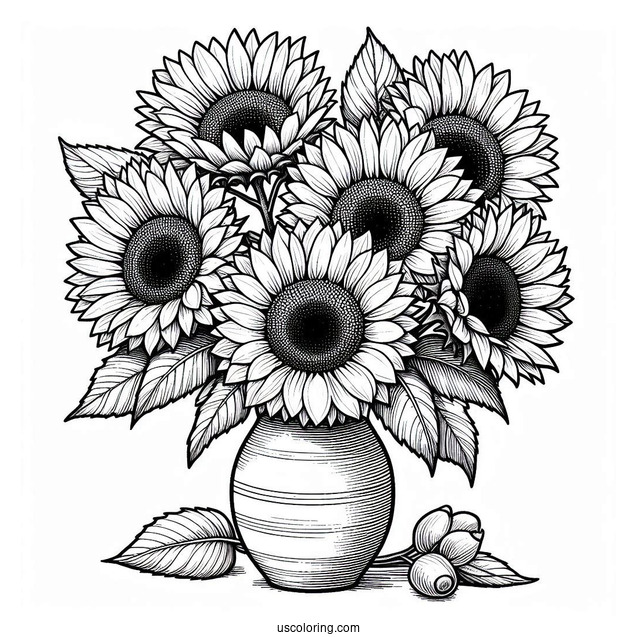 Detailed Sunflowers In Vase For Coloring