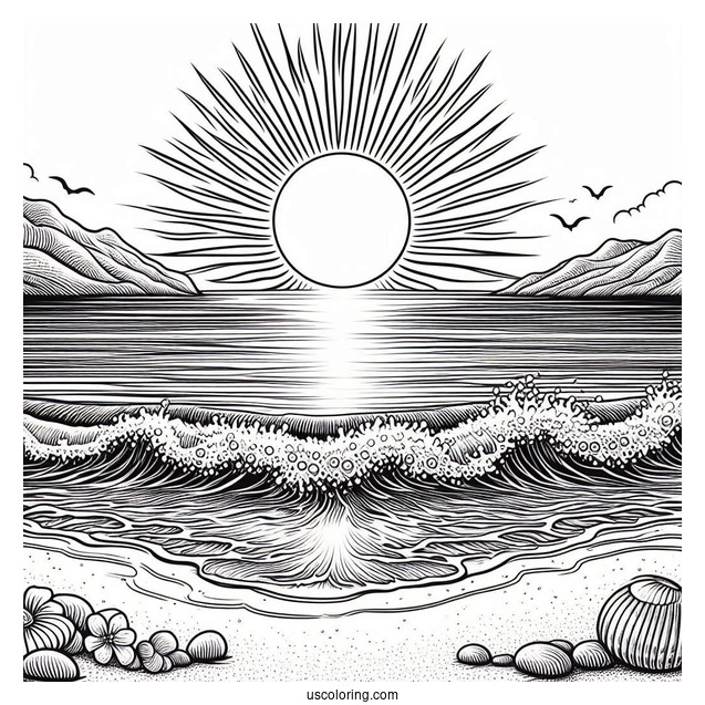 Sun Rising On The Horizon At The Beach Coloring Page