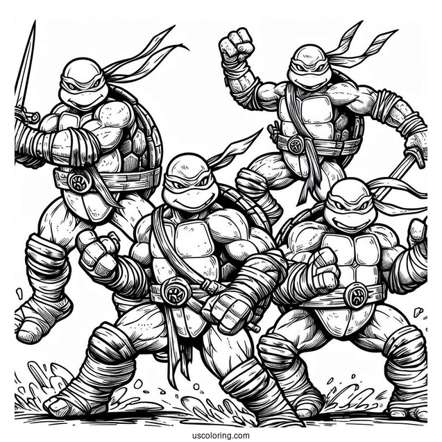 Ninja Turtles Coloring Page Of Leonardo, Donatello, Michelangelo, And Raphael In Fighting Mode