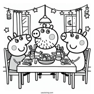 Peppa Pig Family Eating Dinner At Table Coloring