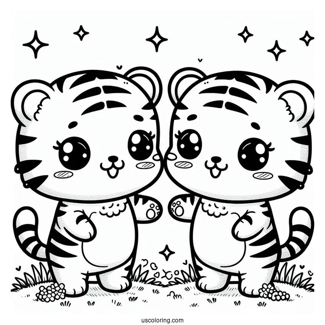 Two Cute Kawaii Tigers Standing On Grass