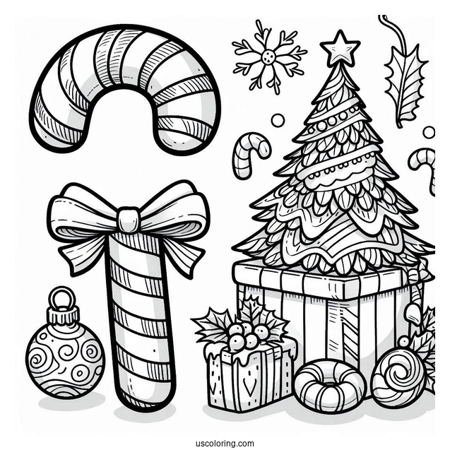 Large Candy Cane Coloring Page Beside A Christmas Present
