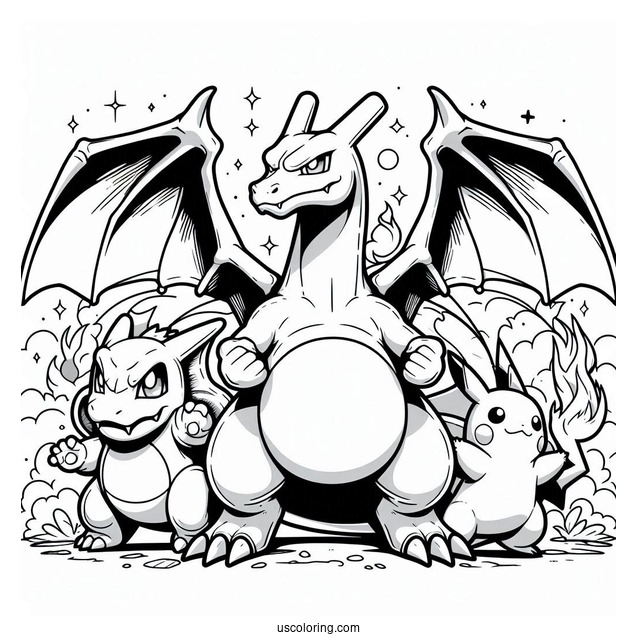 Charizard With Blastoise And Pikachu Coloring Sheet