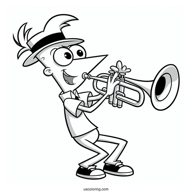 Phineas And Ferb Coloring Page Playing Trumpet For Kids