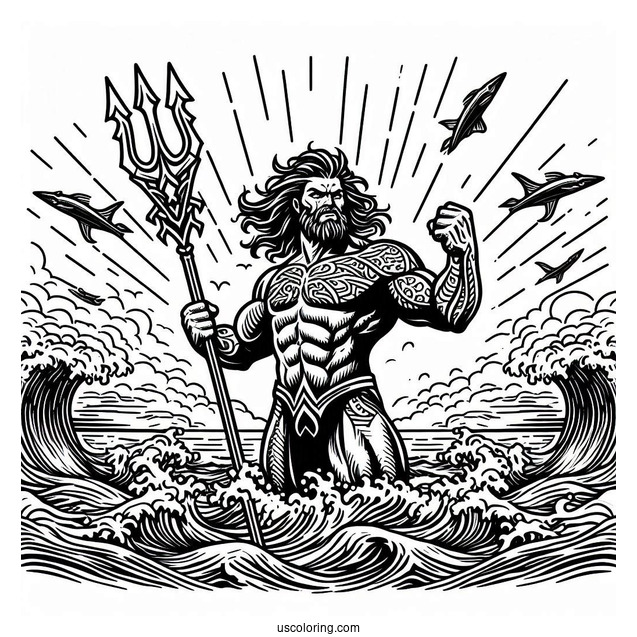 Aquaman Coloring Page Angry Poseidon Holding His Trident Above The Sea