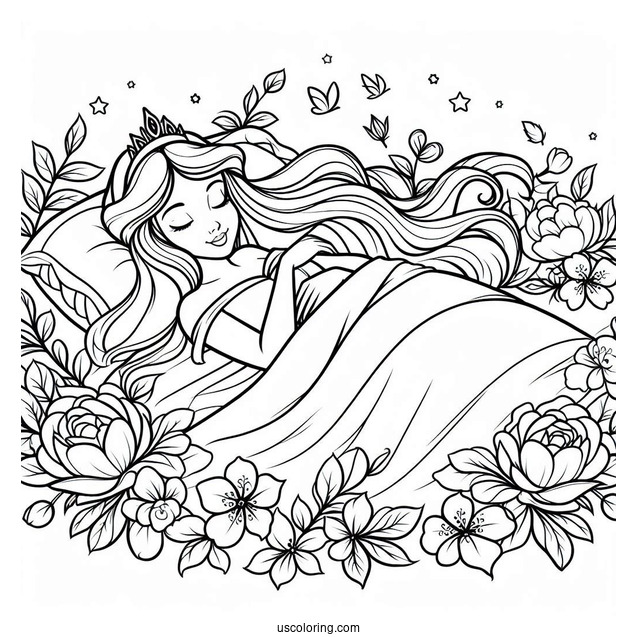 Sleeping Beauty Coloring Page Surrounded By Flowers