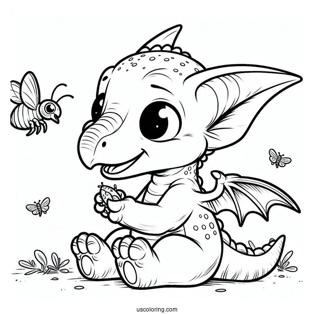 Baby Pterodactyl Coloring Page Eating Bug