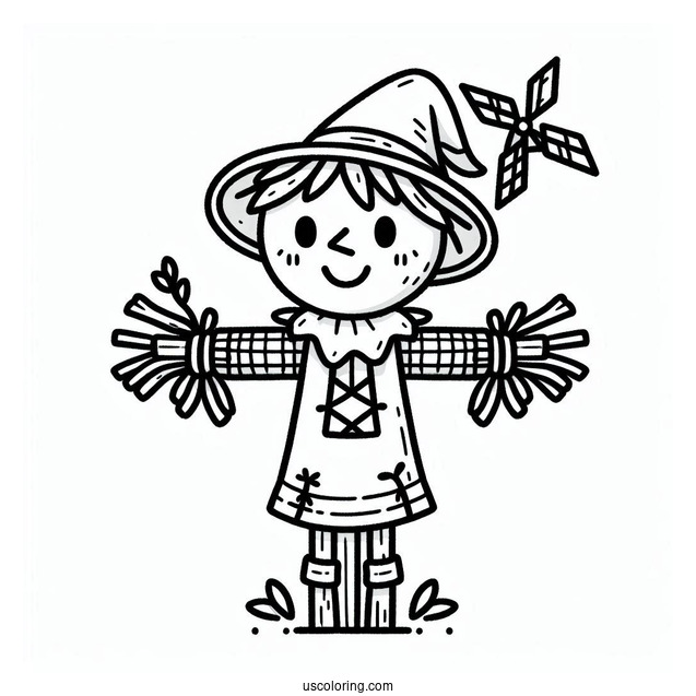 Cute Scarecrow Coloring Page With A Windmill At The Back