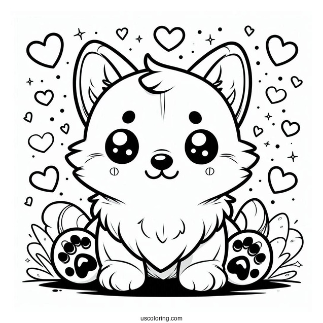 Chibi Corgi Coloring Page With Hearts And Paws In Background