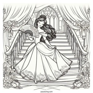 Sleeping Beauty Coloring Page On The Staircase With Belle Holding Fans
