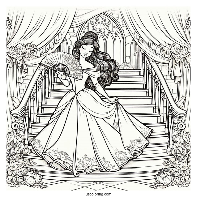 Sleeping Beauty Coloring Page On The Staircase With Belle Holding Fans