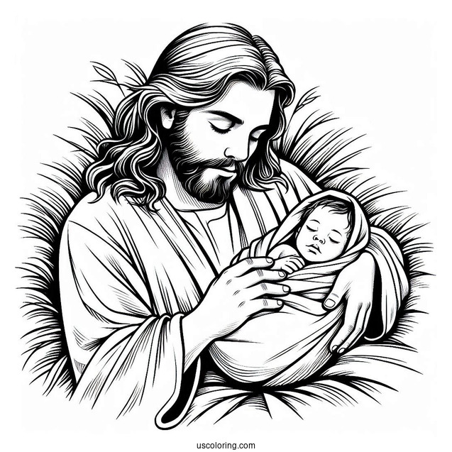 Jesus Coloring Page Cradling A Newborn Baby For Kids