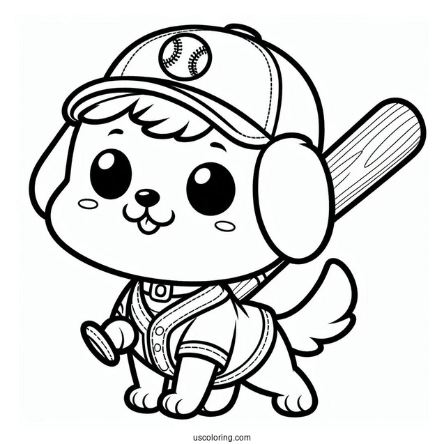 Cartoon Dog in Baseball Coloring Page Uniform Ready to Swing For Kids