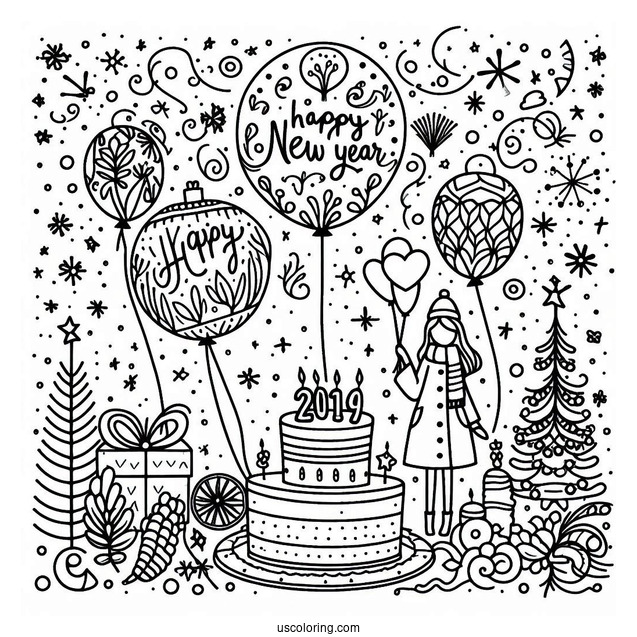 Balloons In The Middle Of Happy New Year Coloring Page Of Words For Kids