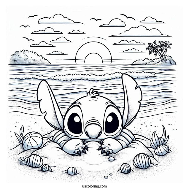 Stitch Burying Himself In The Sand At The Beach