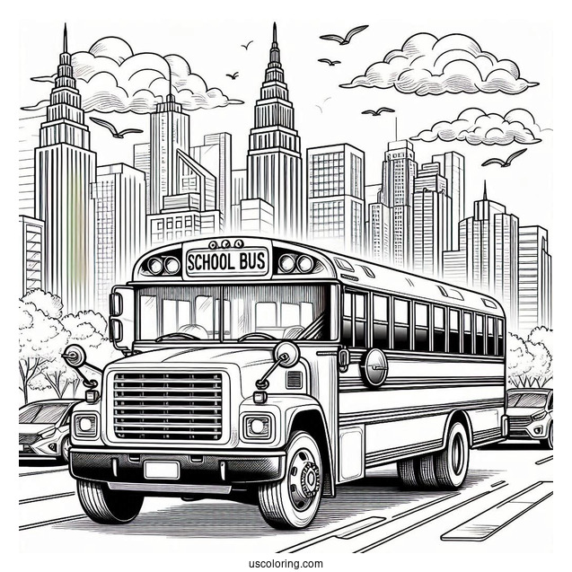 Realistic School Bus Coloring Page In A Busy City