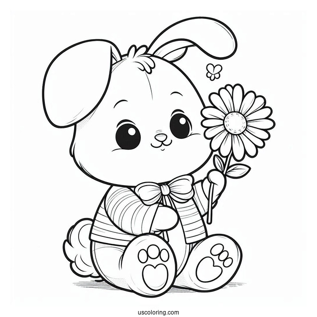 Adorable Easter Coloring Page Of Bunny Holding A Flower For Kids
