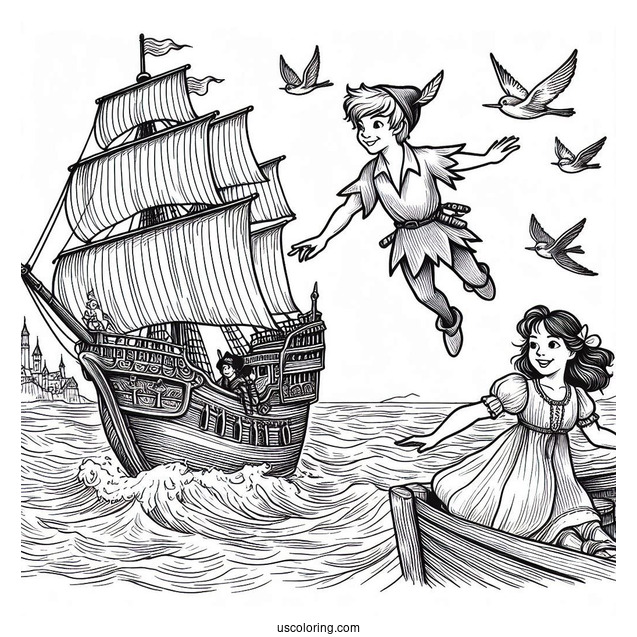 Peter Pan And Wendy Flying Over Captain Hook_s Ship Coloring Page