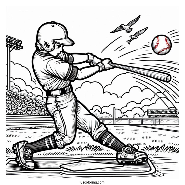 Coloring Page Of Baseball Player Hitting Home Run For Kids