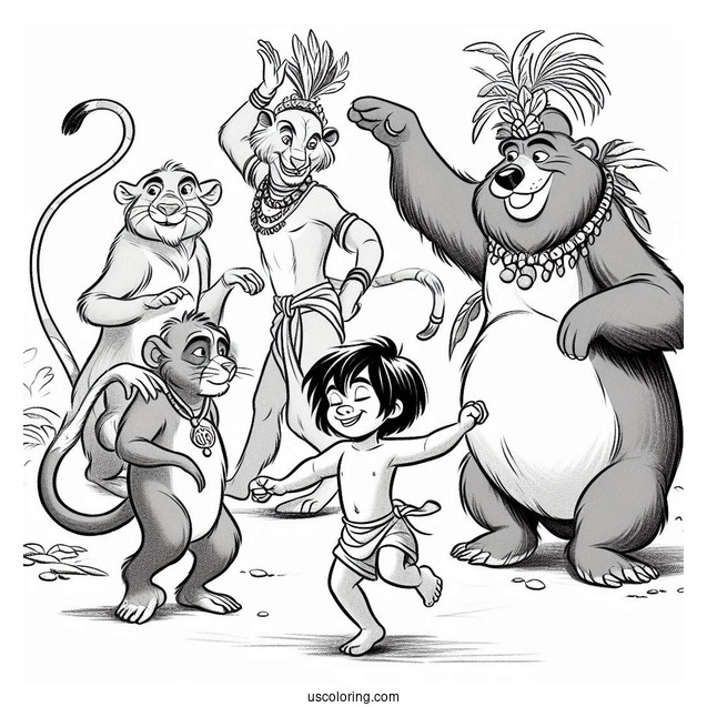 Jungle Book Coloring Page Of Mowgli Dancing With Shanti, Ranjan, Baloo, King Louie, And Kaa