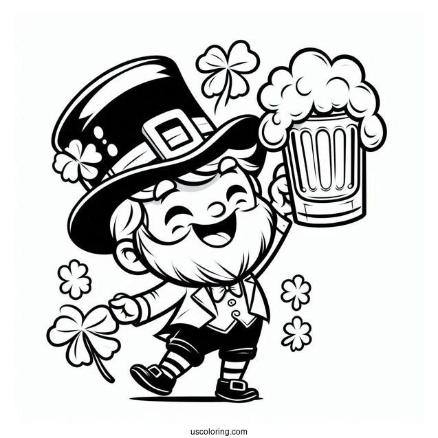 St. Patrick's Day Coloring Page Of Dancing Leprechaun Holding A Glass Of Beer