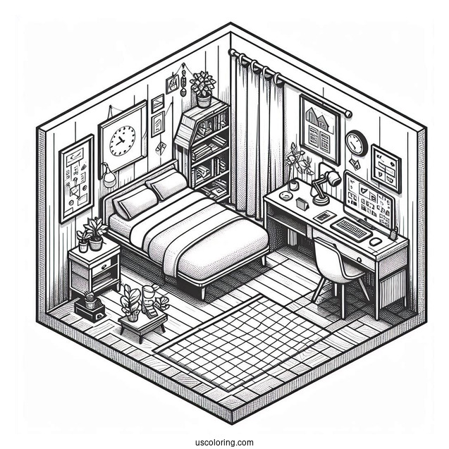 Small Isometric Bedroom Coloring Page With Study Desk And Balcony
