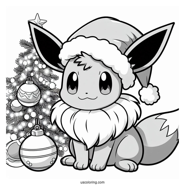 Pokemon Christmas Coloring Page Eevee Wearing Santa Hat With Christmas Baubles In The Background
