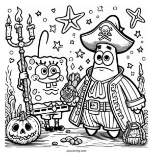 Pirate Patrick Star And SpongeBob Coloring Page On Halloween